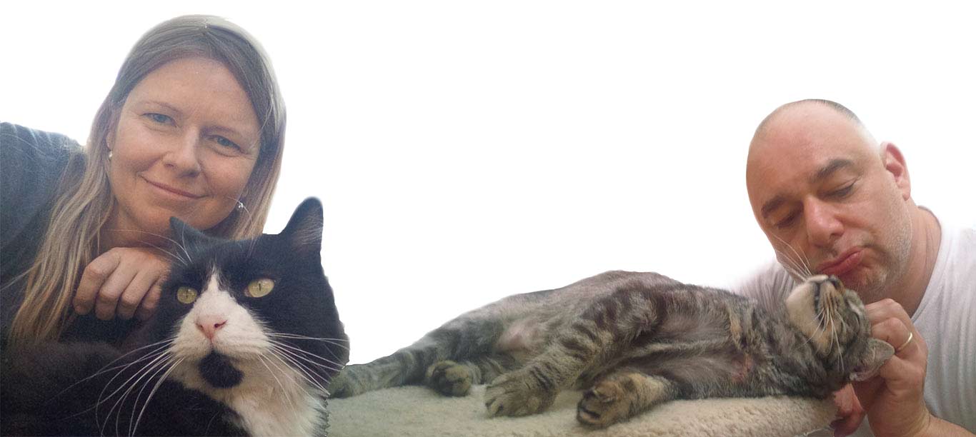 Photo of Raisa and Mitch, your cat sitters with thier own kitties, Shazam and Leonardo